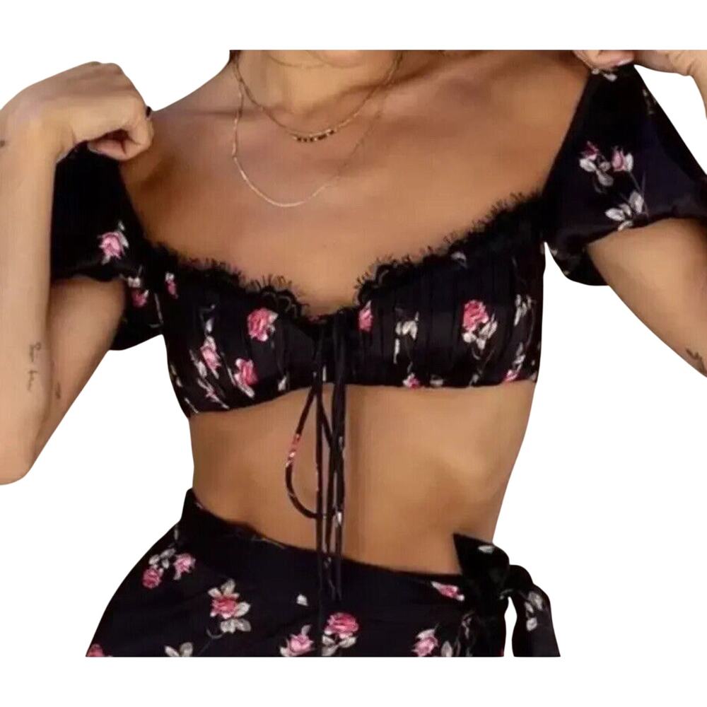 Rat & Boa Bonita Chic Satin Black Pink Floral Tie Top Sweetheart Neck Lace S